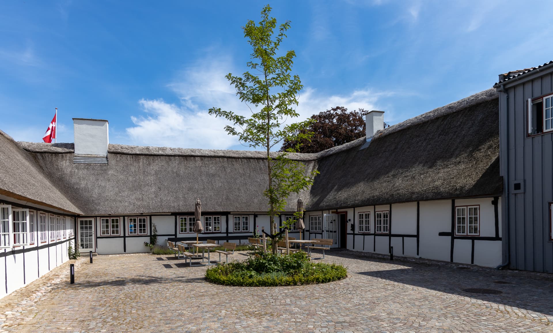 Gårdrum med Dannebrog og træ